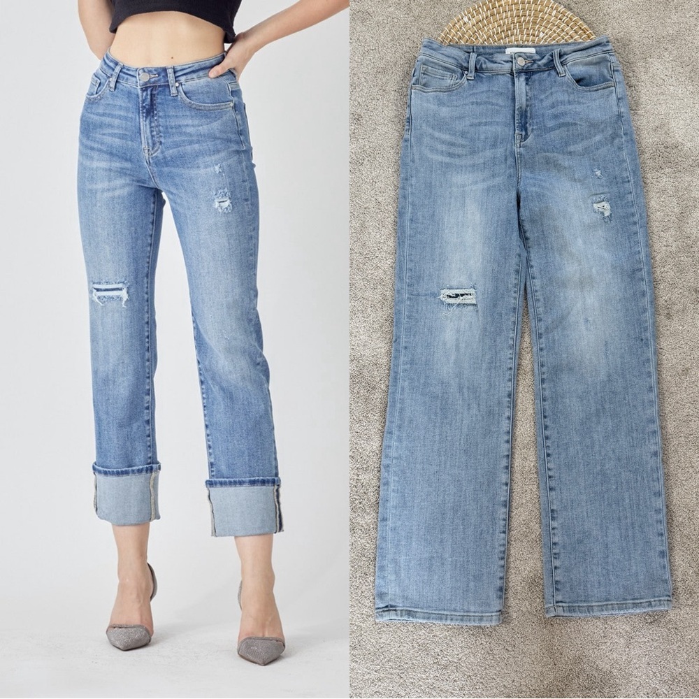 Risen Jeans Women’s High Rise Wide Straight Leg Jeans in Light Wash 13/31